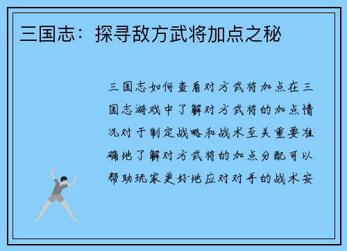 三国志：探寻敌方武将加点之秘