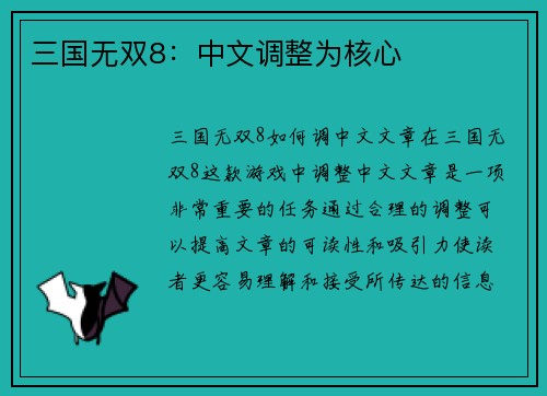 三国无双8：中文调整为核心